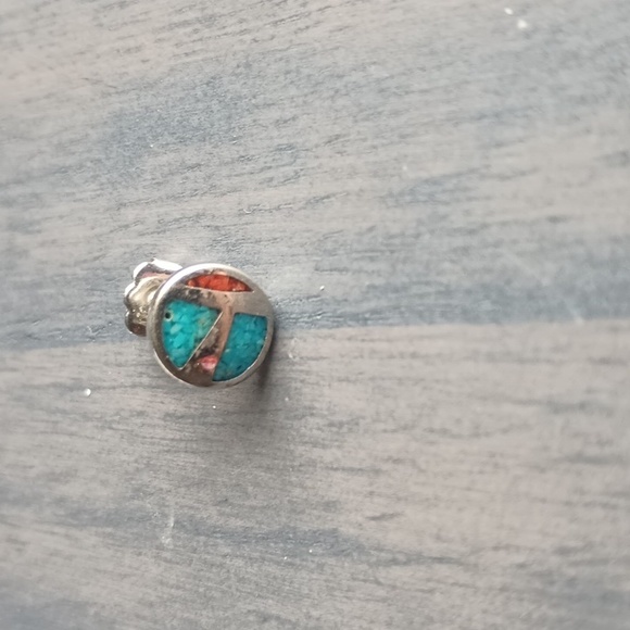 Sterling Silver Turquoise and Coral Pierced Earrings - Picture 2 of 4